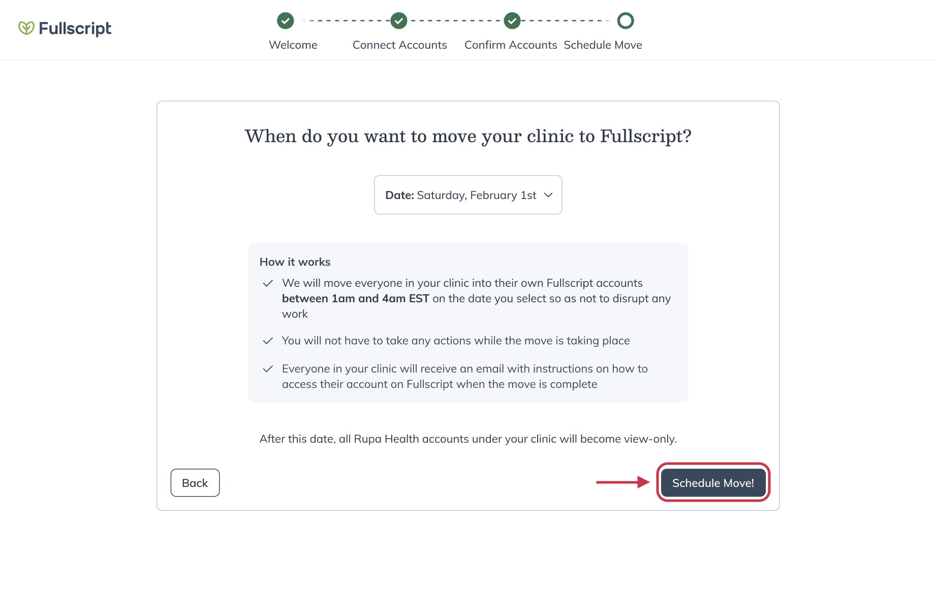 Schedule your clinic’s move screen showing the date selection and Schedule Move button.